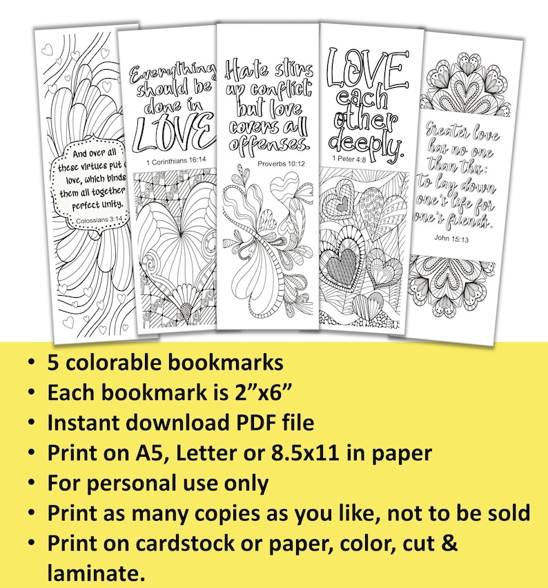 5 Printable Love Bible Verses Coloring Bookmarks, Heart Images Adult ...