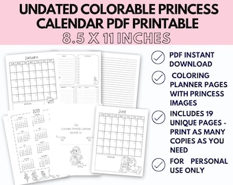 Undated Coloring Princess Calendar for Kids, Monthly Planner, 2022-2023 Calendar PDF Printable, 8.5x11 inches