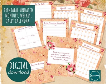 Printable Blooms and Butterflies Planner, Undated Monthly, Weekly, Daily Calendar, To Do List, 8.5x11 inches, Portrait, PDF Instant Download