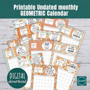 Calendario geométrico mensual imprimible sin fecha con versículo bíblico cristiano, inicio del lunes, 8,5 x 11 pulgadas, tamaño carta, retrato