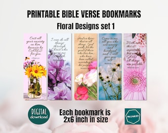 5 Printable Bible Verse Bookmarks Floral set 1, 2"x6" Size, Instant Download