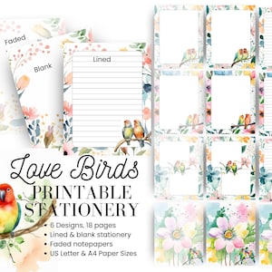 Papelería imprimible con pájaros de amor en acuarela, papel digital, diario floral, impresión en casa, papel para escribir cartas, tamaño A4 y carta estadounidense.