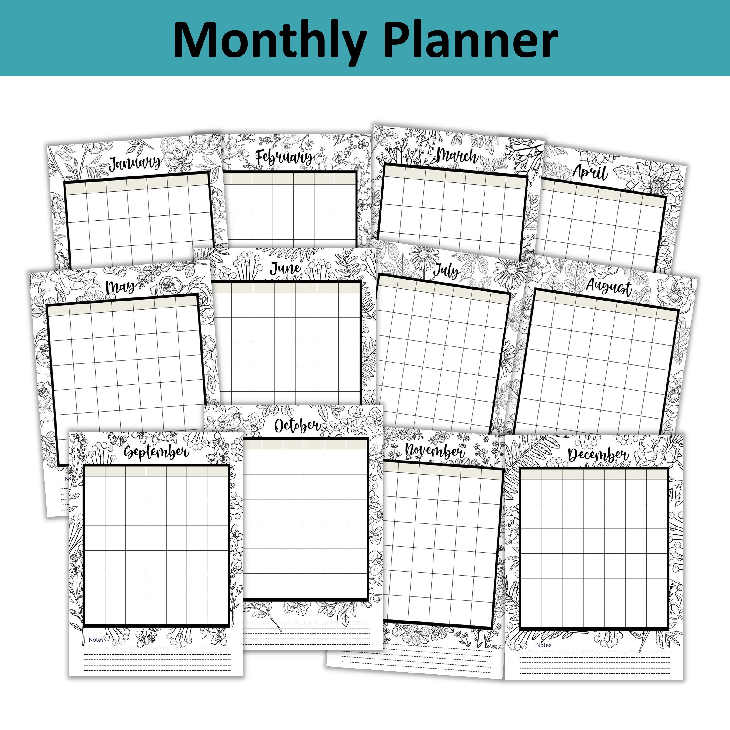 Printable Coloring Calendar, Monthly, Weekly and Daily Planner, Undated ...