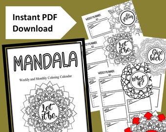 Mandala Weekly and Monthly Coloring Planner Printable, with Motivational Quotes, 8.5 x 11 in