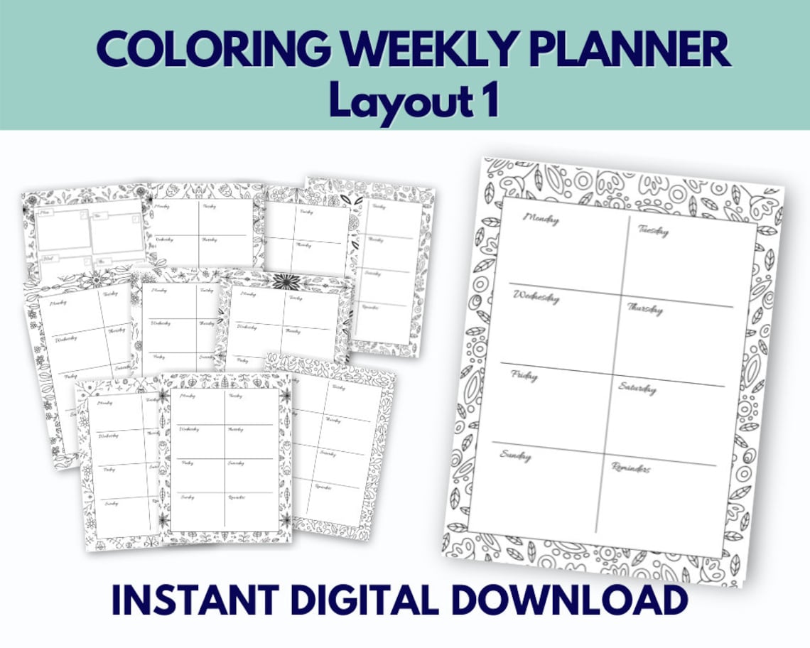 Printable Coloring Weekly Planner, Undated Calendar, Botanical Frames ...