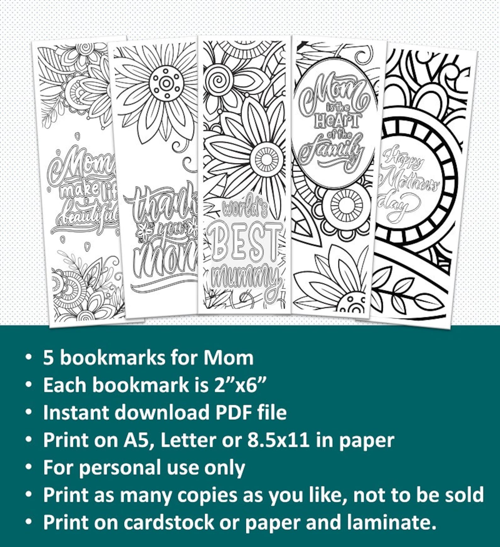 5 Printable Mother's Day Coloring Bookmarks, DIY Gift for Mom, 2x6 Size