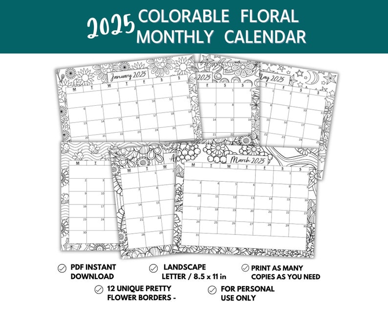 2025 Printable & Editable Coloring Calendar, Floral Monthly Planner, 8.