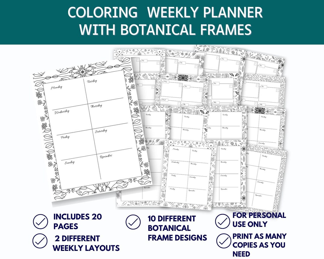 Printable Coloring Weekly Planner With Floral Frames, Undated Planner ...