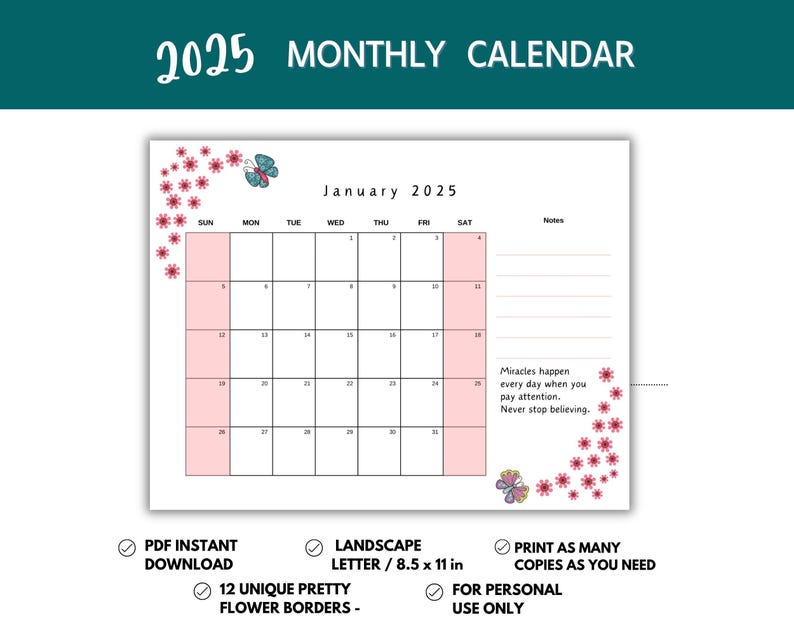 2025 Printable & Editable Monthly Calendar With Flowers and Butterflies