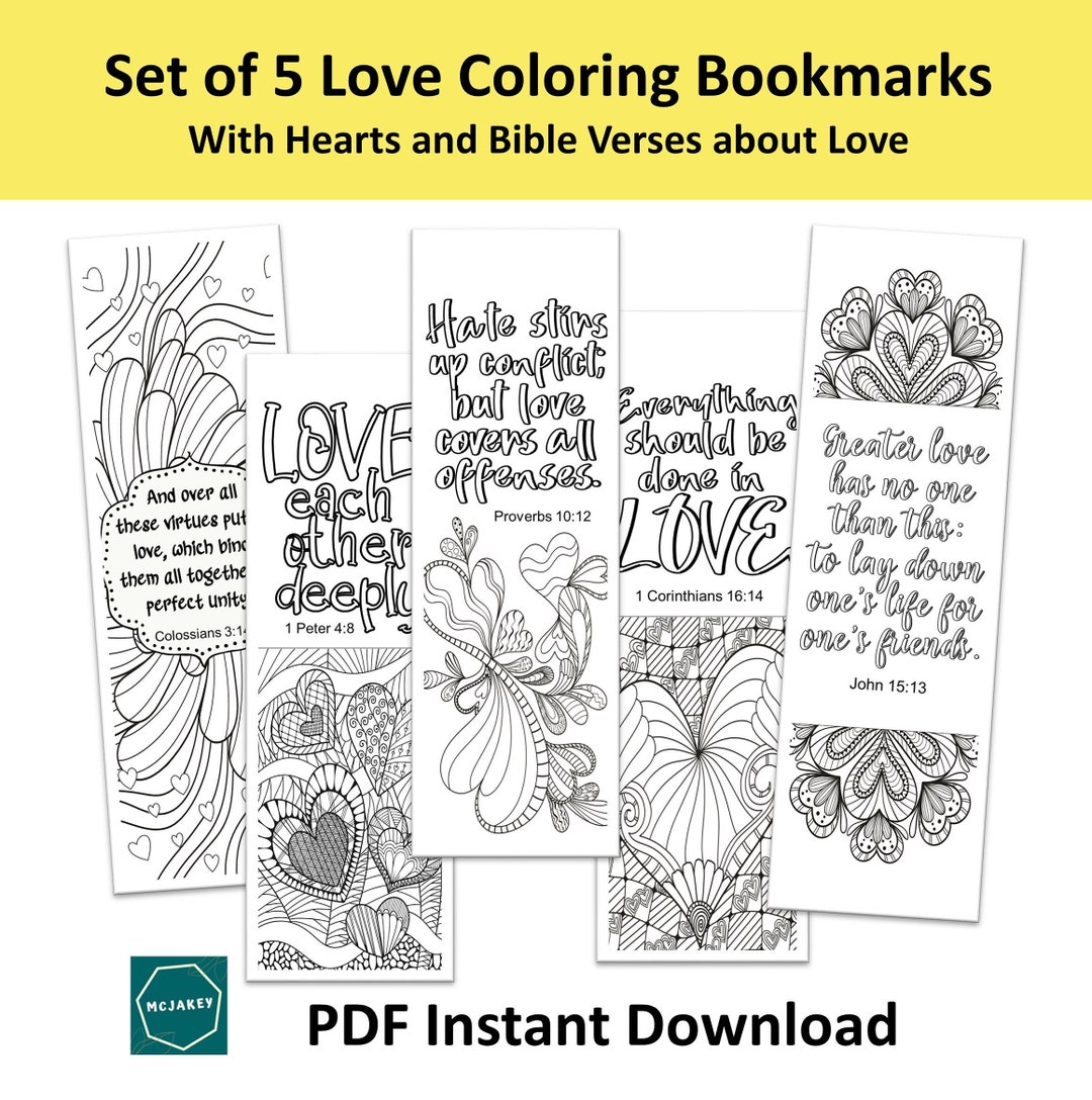 5 Printable Love Bible Verses Coloring Bookmarks, Heart Images Adult ...