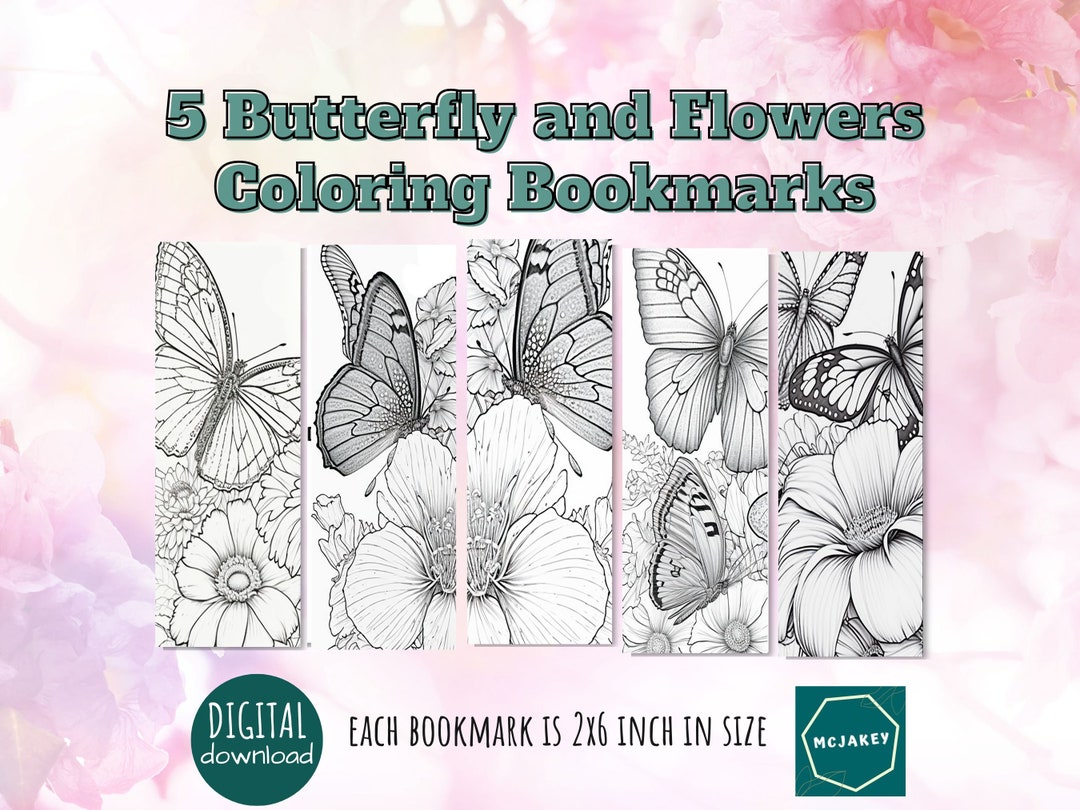 5 Printable Bookmarks With Butterfly and Flowers to Color Yourself, 2x6