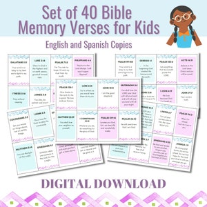 40 の聖書暗記節、英語とスペイン語の子供用フラッシュカード、2.5 x 4 インチサイズ、聖書暗記ポケットカード、PDF 印刷可能ギフト