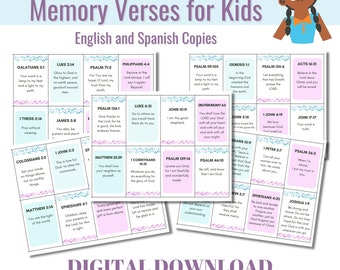 40 Bible Memory Verses for Kids Flashcards in English and Spanish, 2.5"x4" Size, Memorize Scripture Pocket Cards, PDF Printable Gift