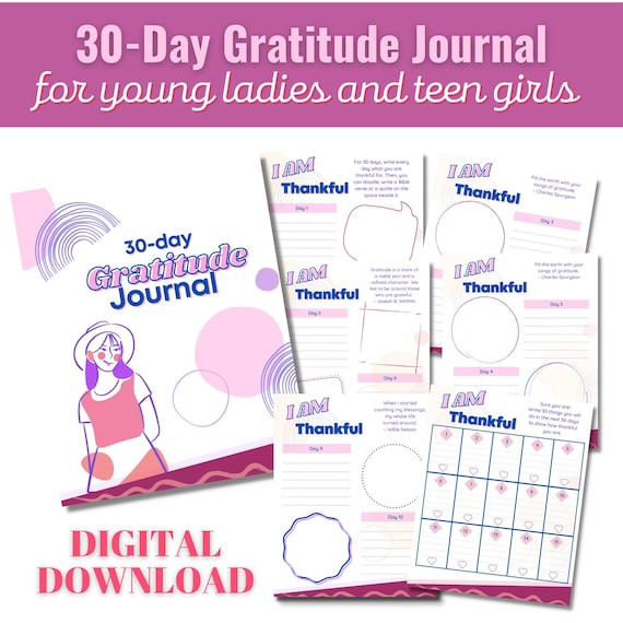 30-day Gratitude Journal for Teen Girls PDF Printable, Pink and Purple  Theme, Size 8.5x11 In 