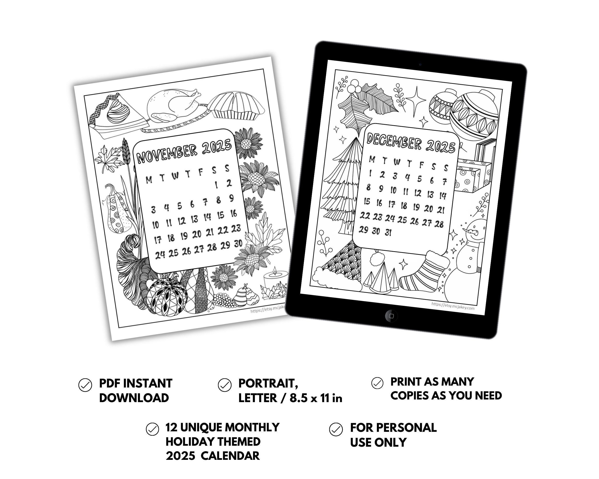 2025 Coloring Calendar Monthly Holiday Themed Colorable Borders Il Fullxfull.6282846720 A2od