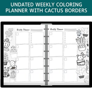 Planificador semanal para colorear sin fecha imprimible con bordes de cactus, 8,5 x 11 pulgadas, tamaño Carta