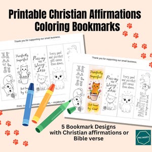 Könnte beinhalten: Fünf druckbare Malvorlagen für Lesezeichen mit christlichen Affirmationen und Bibelversen. Jedes Lesezeichen zeigt eine niedliche Katzenillustration. Die Lesezeichen sind schwarzweiß und zum Ausmalen bereit.