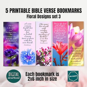 5 Printable Bible Verse Bookmarks Floral Set 3, 2&quot;x6&quot; Size, Instant Download