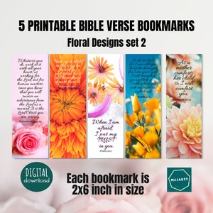 5 Printable Bible Verse Bookmarks Floral Set 2, 2&quot;x6&quot; Size, Instant Download