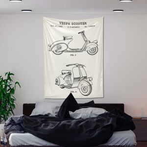 Vespa Scooter 1949 Patent Tapestry, Vespa 125cc Scooter wall art, Motorbike Wall Art, Garage Decor, Vintage Scooter Tapestry
