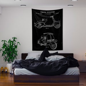 Vespa Scooter 1949 Patent Tapestry, Vespa 125cc Scooter wall art, Motorbike Wall Art, Garage Decor, Vintage Scooter Tapestry