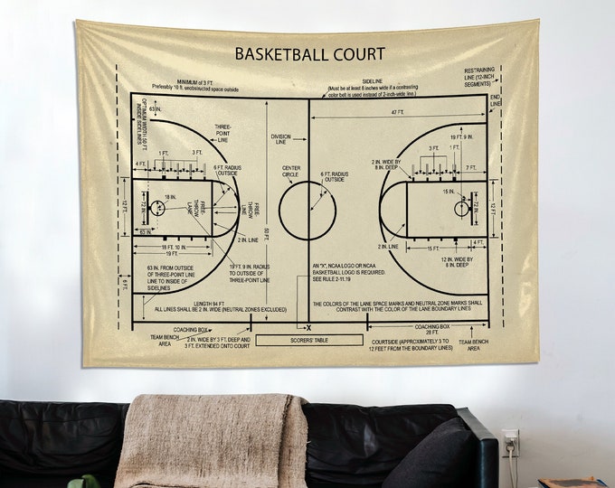 Basketball Court Blueprint Art, Basketball Tapestry, Basketball Gifts, Field Art, coach gift