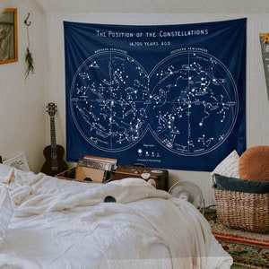 Posición del tapiz de las constelaciones, tapiz de mapa de astronomía, mapa de estrellas, regalos de astrónomo, decoración de arte de pared espacial azul marino