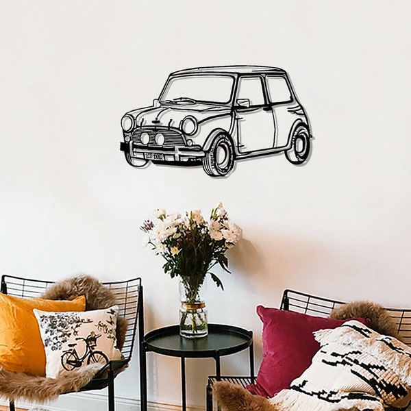 Klassische Mini Cooper Metallwanddekor, Autoliebhabergeschenk, Wanddekor für ein modernes Wohnzimmer, klassisches Minischild Metall