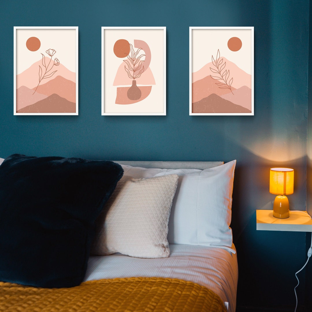 Set of 3 Prints Framed Wall Art, Modern Abstract Landscape Flowers ...