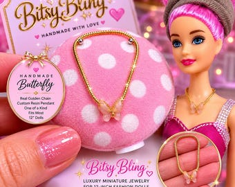 Handmade Butterfly Necklace for 12-Inch Fashion Dolls, Gold-Tone Chain, Resin Pendant