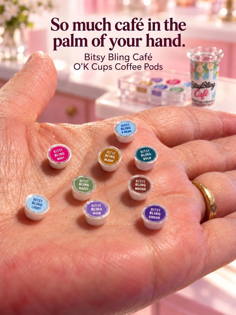 May include: Miniature coffee pods labeled Bitsy Bling Caf&eacute; O'K Cups. The pods feature various colors and text including V Bean, Mint, Blend, Bold, Hazel, Mocha, Light, Mild, and Choco. The text reads: So much caf&eacute; in the palm of your hand.