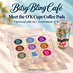 May include: A clear plastic case containing nine Bitsy Bling coffee pods in various colors, labeled Bold, Light, Choco, Mocha, Mild, Blend, Hazel, V Bean, and Mint. Next to it is a small, clear plastic cup with a floral print and Bitsy Bling Caf&eacute; text.