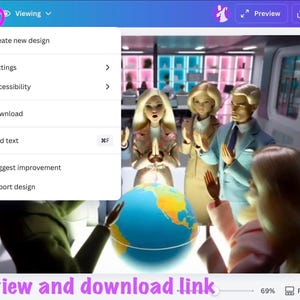 May include: Screenshot of the Canva interface, highlighting the 'File' menu with options including 'Download'. The image features a stylized scene with figures around a globe, suggesting a design or presentation context.