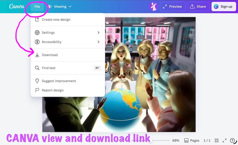 May include: Screenshot of the Canva interface, highlighting the 'File' menu with options including 'Download'. The image features a stylized scene with figures around a globe, suggesting a design or presentation context.