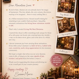 May include: A wooden sign with the text "Living My Best Diorama" and a miniature diorama scene. The image includes text about the creation of miniature worlds, with photos of detailed miniature scenes.