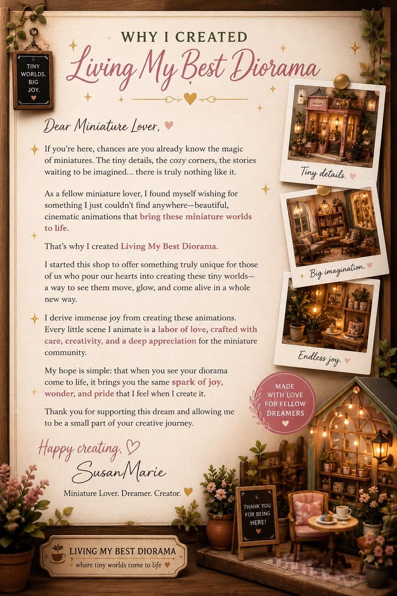 May include: A wooden sign with the text "Living My Best Diorama" and a miniature diorama scene. The image includes text about the creation of miniature worlds, with photos of detailed miniature scenes.