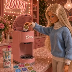 May include: A pink coffee maker with the text Ok cup, a clear plastic tray containing various coffee pods labeled Bitsy Bling, and a clear tumbler with a floral print and the text Bitsy Bling Cafe. A doll with long blonde hair wears a blue sweater.