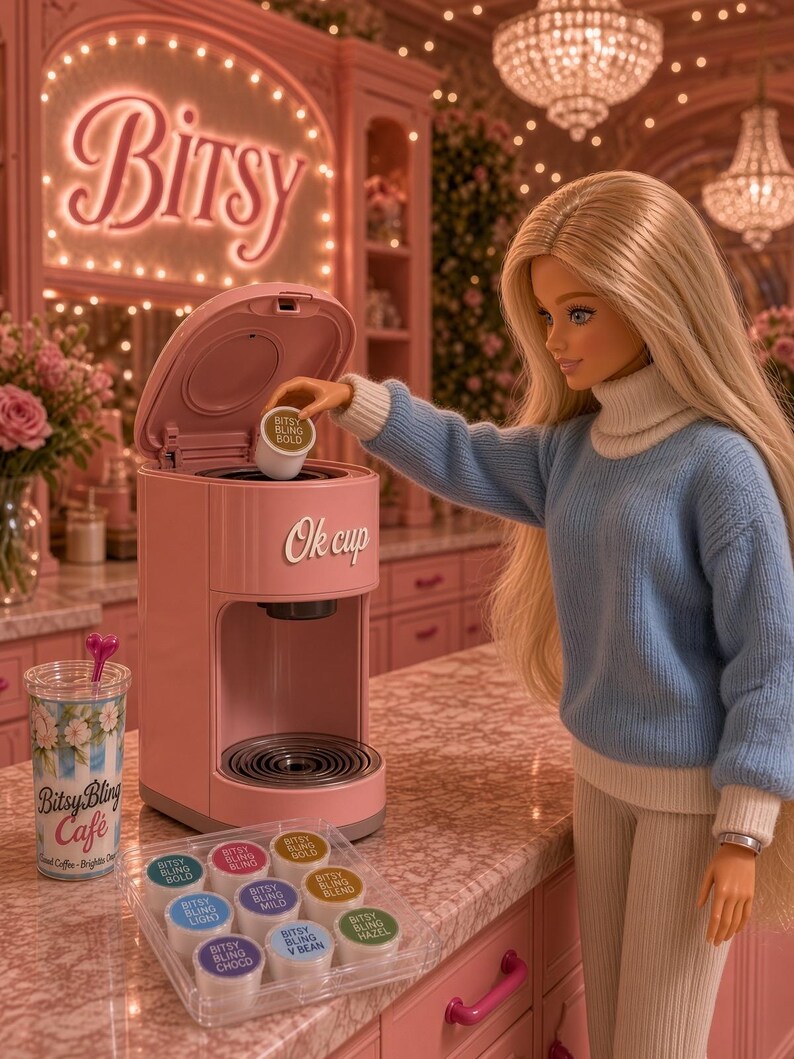 May include: A pink coffee maker with the text Ok cup, a clear plastic tray containing various coffee pods labeled Bitsy Bling, and a clear tumbler with a floral print and the text Bitsy Bling Cafe. A doll with long blonde hair wears a blue sweater.