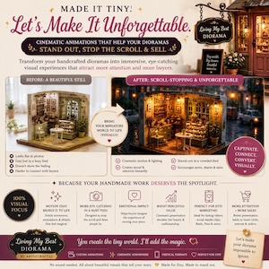 May include: An advertisement for miniature diorama animations. The image shows a before and after comparison of a diorama, highlighting the benefits of cinematic animations. Text includes "Let's Make It Unforgettable" and "Stand Out, Stop the Scroll & Sell."