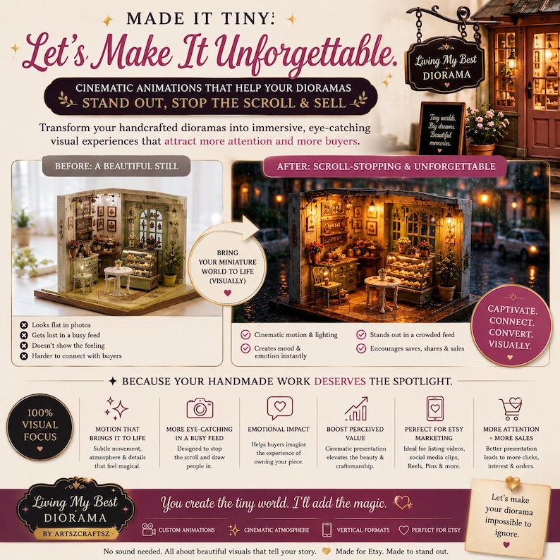 May include: An advertisement for miniature diorama animations. The image shows a before and after comparison of a diorama, highlighting the benefits of cinematic animations. Text includes "Let's Make It Unforgettable" and "Stand Out, Stop the Scroll & Sell."