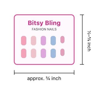 May include: A set of Bitsy Bling fashion nails featuring ten rounded rectangular nail pieces in shades of pink, purple, and blue. The display card shows a height of 1/2 to 5/8 inch and a width of approximately 3/4 inch.