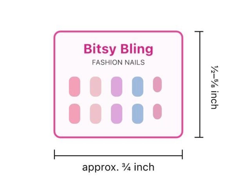 May include: A set of Bitsy Bling fashion nails featuring ten rounded rectangular nail pieces in shades of pink, purple, and blue. The display card shows a height of 1/2 to 5/8 inch and a width of approximately 3/4 inch.