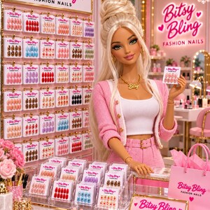 May include: A blonde doll wearing a pink cardigan and white top stands in a shop displaying Bitsy Bling Fashion Nails. The store features wall-mounted and counter-top racks filled with various sets of press-on nails and a pink shopping bag.