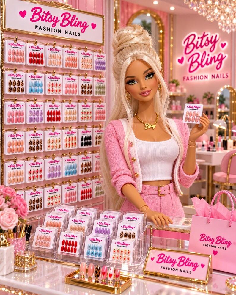 May include: A blonde doll wearing a pink cardigan and white top stands in a shop displaying Bitsy Bling Fashion Nails. The store features wall-mounted and counter-top racks filled with various sets of press-on nails and a pink shopping bag.