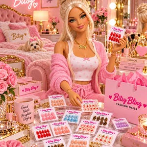May include: A blonde doll wearing a pink cardigan and white tank top, holding a set of red press-on nails. The scene includes multiple boxes of Bitsy Bling fashion nails in various colors and patterns, a pink shopping bag, and a pink mug.