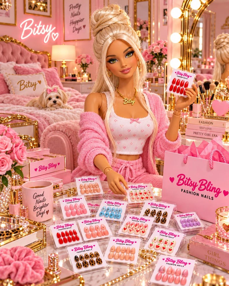 May include: A blonde doll wearing a pink cardigan and white tank top, holding a set of red press-on nails. The scene includes multiple boxes of Bitsy Bling fashion nails in various colors and patterns, a pink shopping bag, and a pink mug.