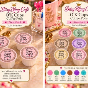 May include: Bitsy Bling Caf&eacute; O'K Cups coffee pods in a four-pack of one blend and a nine-pack of assorted blends. The pods feature colorful lids with text including Choco, Mint, Light, Bold, Blend, Mocha, Hazel, Mild, and V Bean flavors.