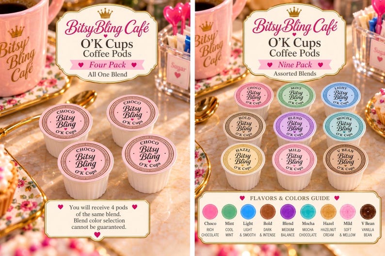 May include: Bitsy Bling Caf&eacute; O'K Cups coffee pods in a four-pack of one blend and a nine-pack of assorted blends. The pods feature colorful lids with text including Choco, Mint, Light, Bold, Blend, Mocha, Hazel, Mild, and V Bean flavors.