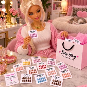 May include: A collection of Bitsy Bling Fashion Nails sets in various colors and patterns, including leopard print, metallic pink, blue, and red. The sets are displayed on small white cards, with some inside a pink Bitsy Bling shopping bag.