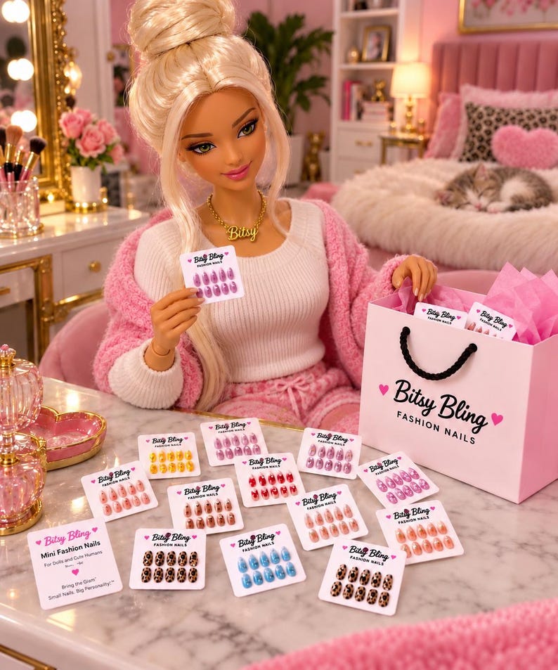 May include: A collection of Bitsy Bling Fashion Nails sets in various colors and patterns, including leopard print, metallic pink, blue, and red. The sets are displayed on small white cards, with some inside a pink Bitsy Bling shopping bag.